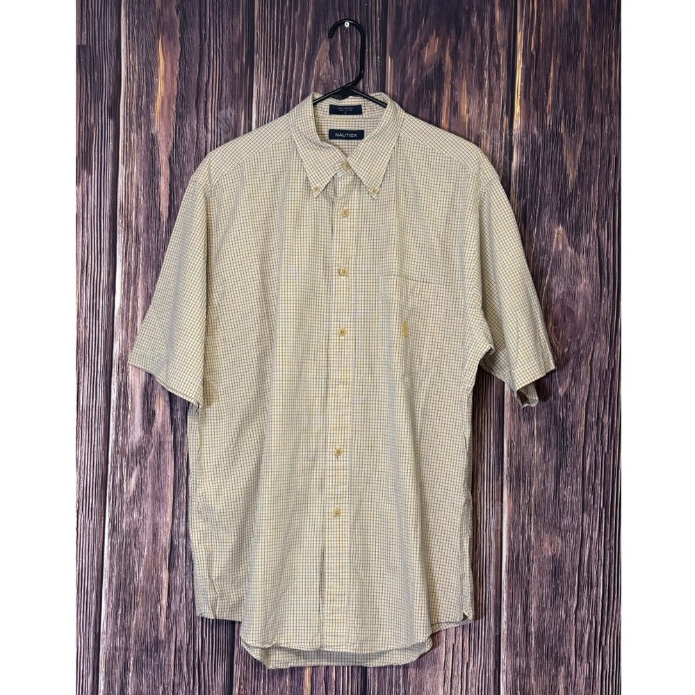 Nautica Mens Short Sleeve Button Down Shirt L Yellow Gingham 100% Cotton - Picture 1 of 13